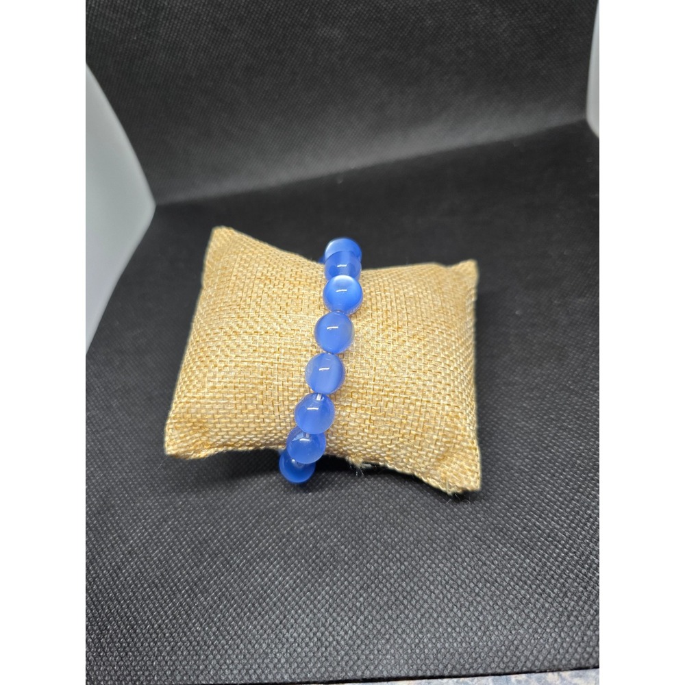 Blue Cats Eye Beaded Stretch Bracelet Luminous Round Polished Stone‎ Jewelry